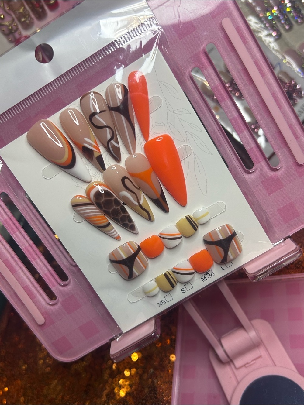 Abstract Orange & Brown Press-On Nails NWT